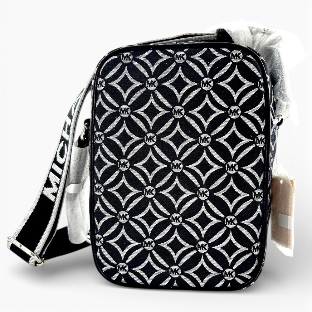 NWT Michael Kors Jet Set Crossbody Black Metallic Silver Logo Jacquard - Picture 6 of 10